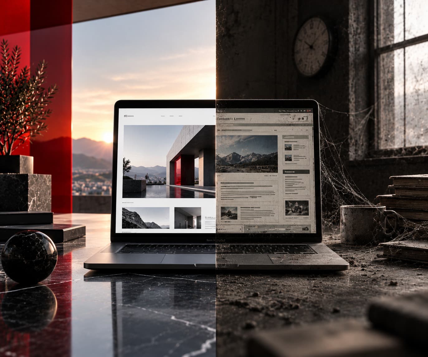 Laptop-Bildschirm im Split-Screen: links ein modernes, klares Website-Design, rechts eine verstaubte, mit Spinnweben überzogene Seite.