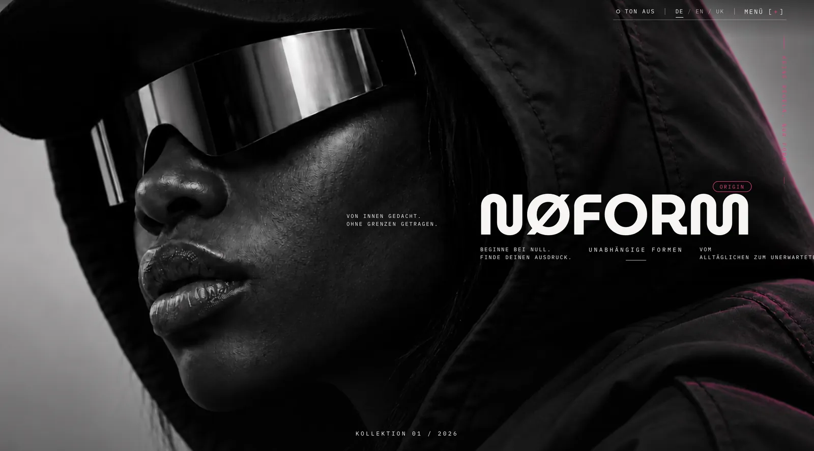 NØFORM concept project from the Labrity portfolio: campaign hero of a fictional streetwear brand with a visor and hood in black and white