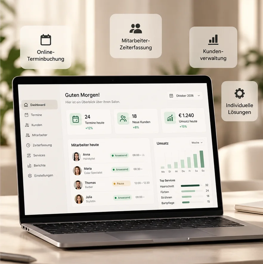 Illustration: Dashboard mit Terminen, Mitarbeitern und Umsatz auf dem Laptop