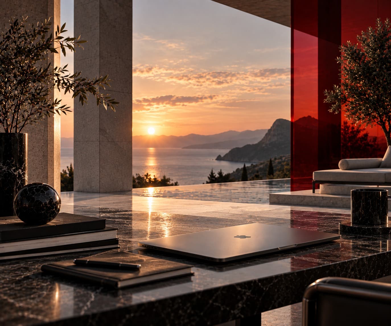 Aufgeklappter Laptop auf einer Marmorplatte mit Blick auf Meer und Berge bei Sonnenuntergang, akzentuiert durch ein rotes Glaselement.