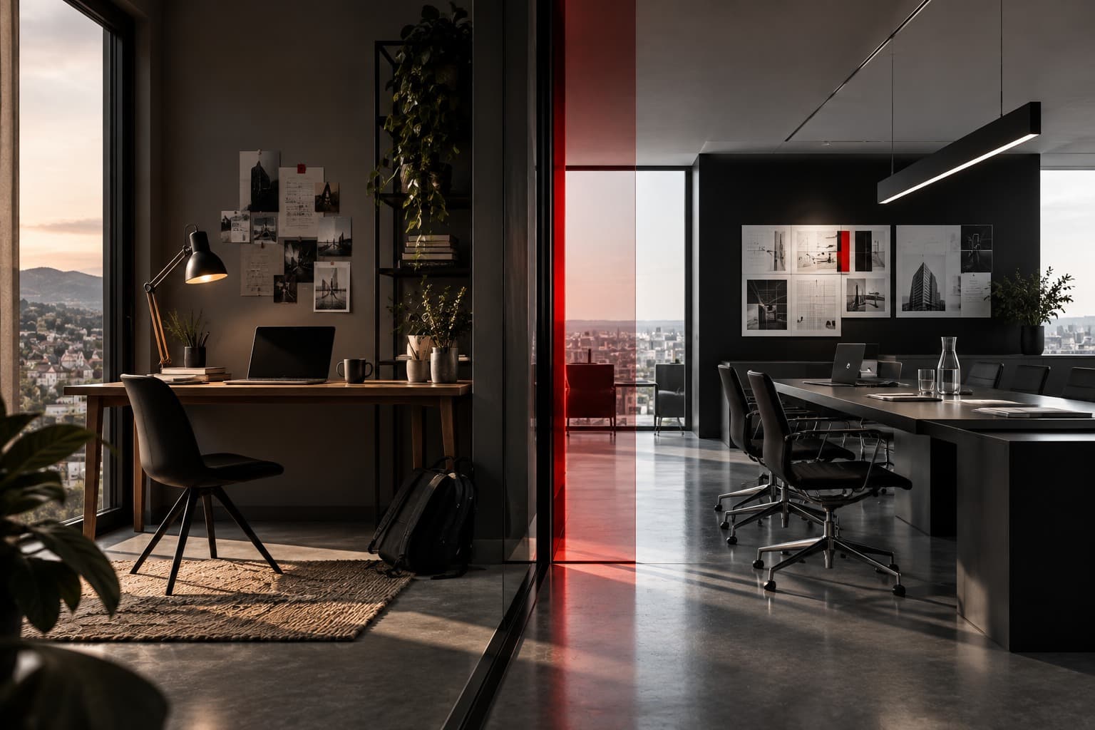 Gegenüberstellung eines kleinen Homeoffice-Arbeitsplatzes und eines großen Agentur-Konferenzraums, getrennt durch ein rotes Glaselement.