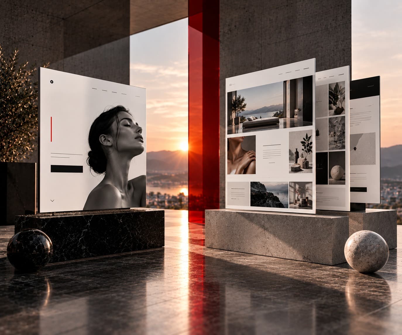 Eine einzelne fokussierte Landingpage-Tafel neben einer mehrseitigen Website-Komposition, aufgestellt vor einem Sonnenuntergang.