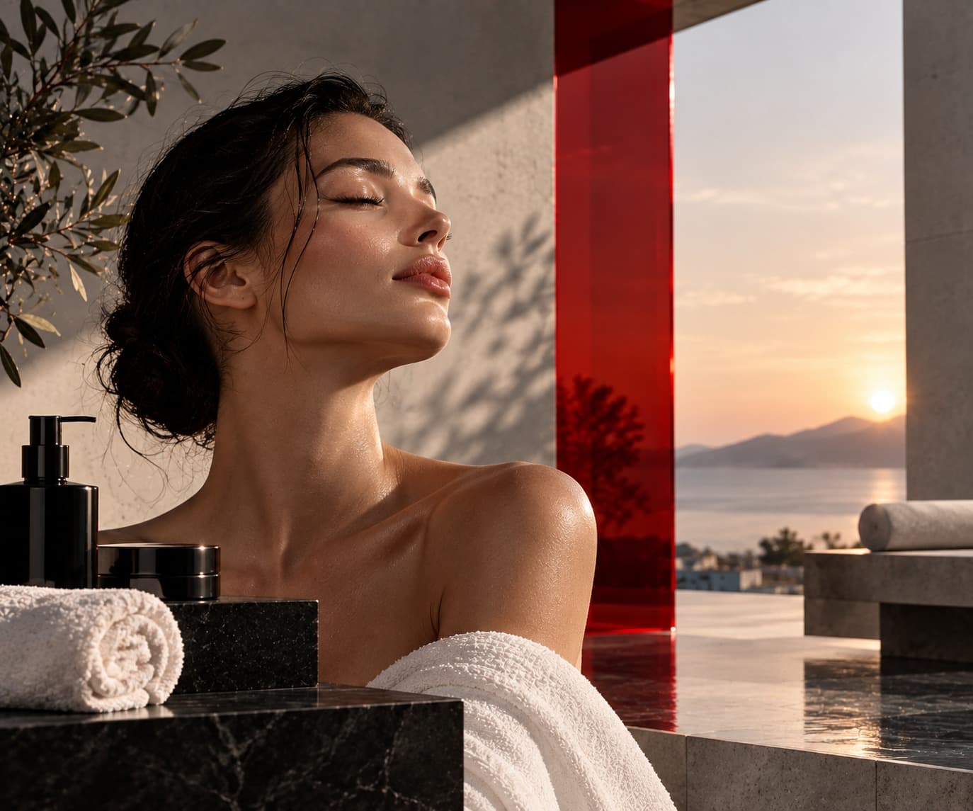 Frau mit geschlossenen Augen und Handtuch an einem Spa-Bereich mit Blick auf das Meer bei Sonnenuntergang.